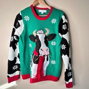 Jolly Sweaters Cow Christmas Sweater Green Black White L/G Holiday Knit